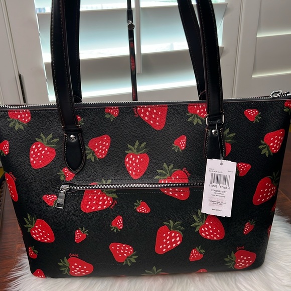 NWT Coach Black Tote Bag W/Wild Strawberry Print, Silver Hardware, Coated Canvas - Picture 4 of 17